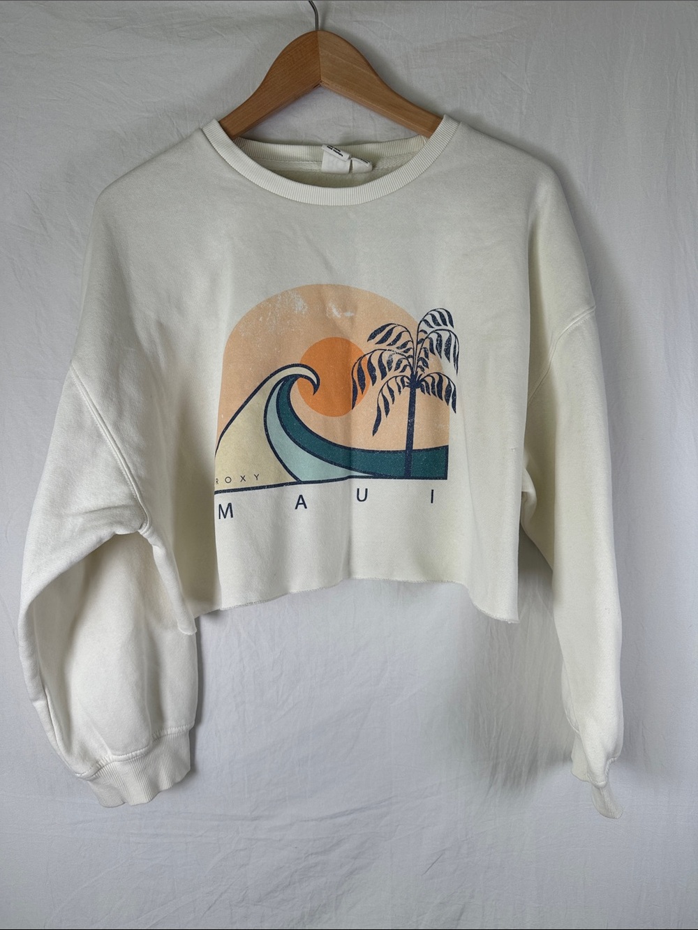 Roxy Cream Cropped Maui Graphic Sweatshirt with Teal Wave - Picture 1 of 4